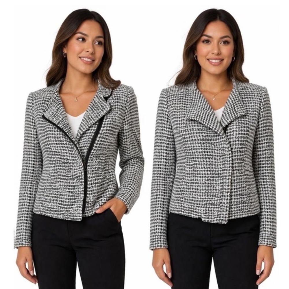 Ann Taylor LOFT Black White Textured Tweed Asymmetrical Jacket 6 Preppy 89-09‎